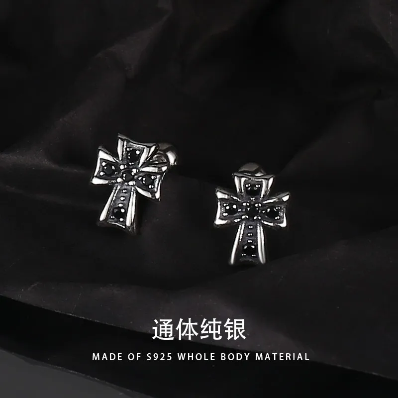

E02059 ZFSILVER S925 Silver Korean Fashion Diamond-set Black Cross Screw Ball Stud Earrings Jewelry Girls Women Match-all Gifts