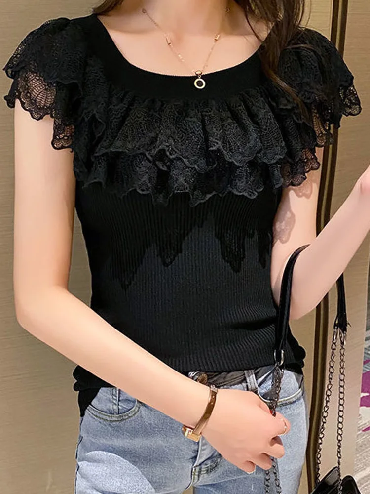 

Fashion Lace Hollow Slim Pure Color Sleeveless Pullover Shirt New Ladies Casual Knit Shirt Elegant and Young Women's Tops