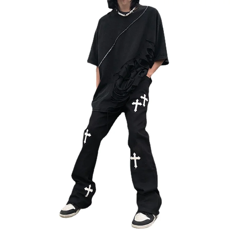 Streetwear Vintage Jeans Men's Jeans Summer Fashion Loose Cross Jeans Men's Mid-Waist Denim Bell-Bottom Pants Trousers