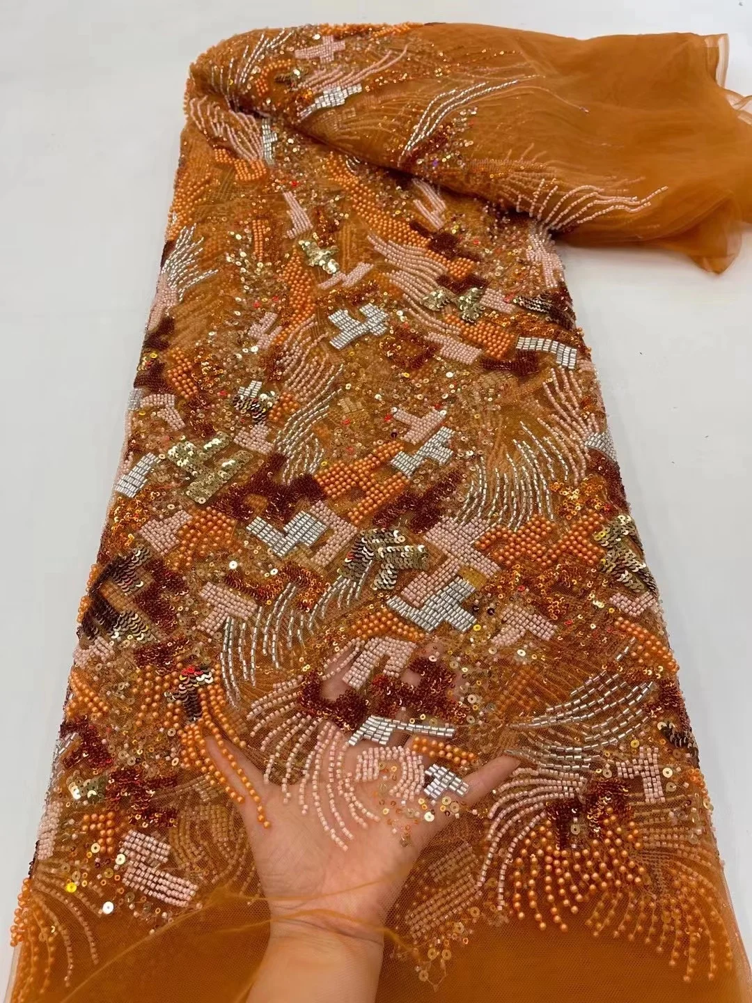 

Orange African Lace Fabric 2022 Luxury Beads Laces Fabrics Embroidery Handmade Beaded Lace Fabric for Wedding 5 Yards