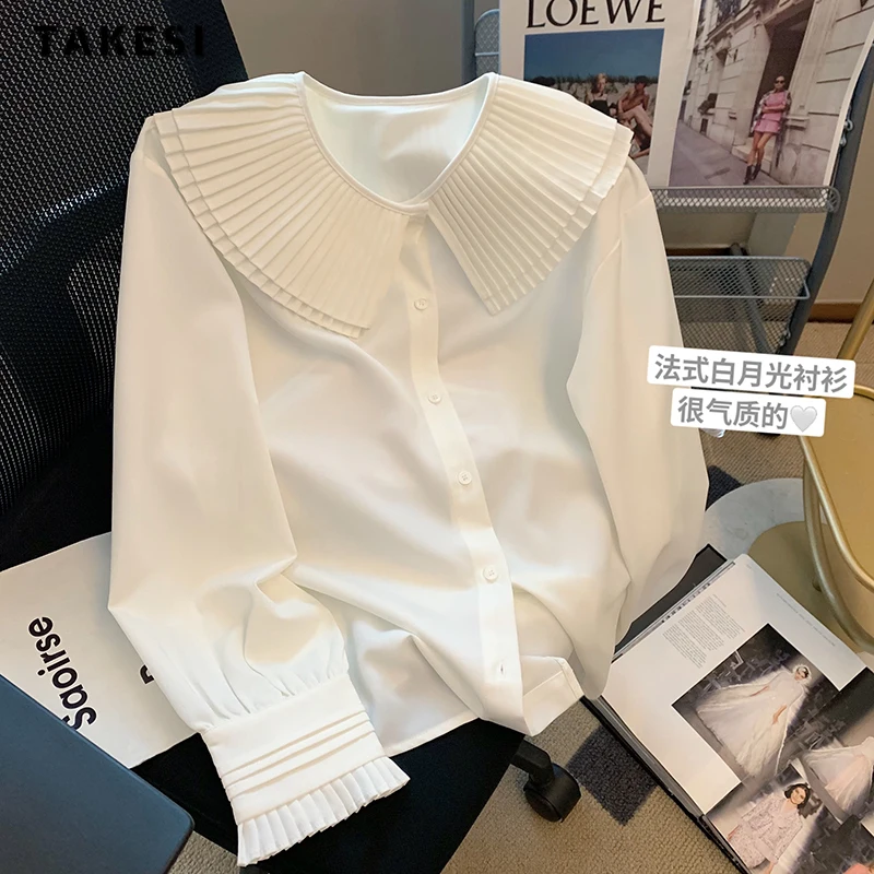 

2023 Autumn Casual Long Sleeve Peter Pan Collar Solid Color Shirts For Women Vintage Classic Office Lady Elegant Blouse Tops