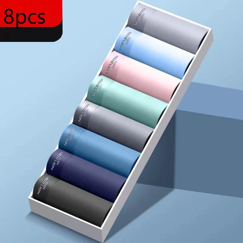 8/Pcs/Lot Boxer Men'S Shorts Breathable Comfortable Mens Underwear Mid Waist Antibacterial Ice Silk Male Quality Underpants