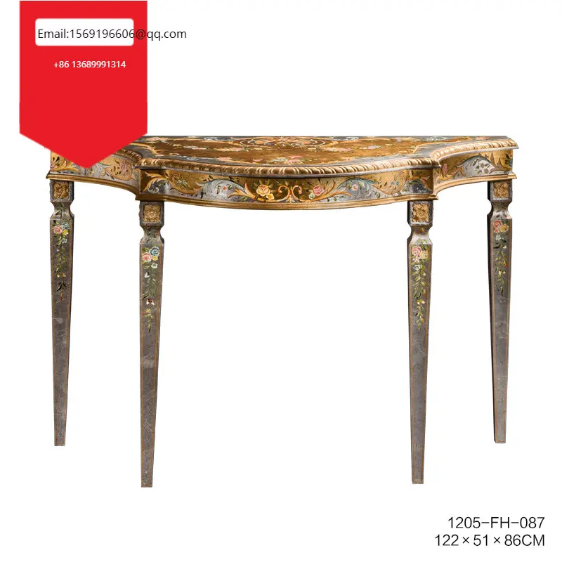 

Роскошный полностью цельный стол для прихожей во французском стиле из позолоченной серебряной фольги с резьбой по дереву и цветами