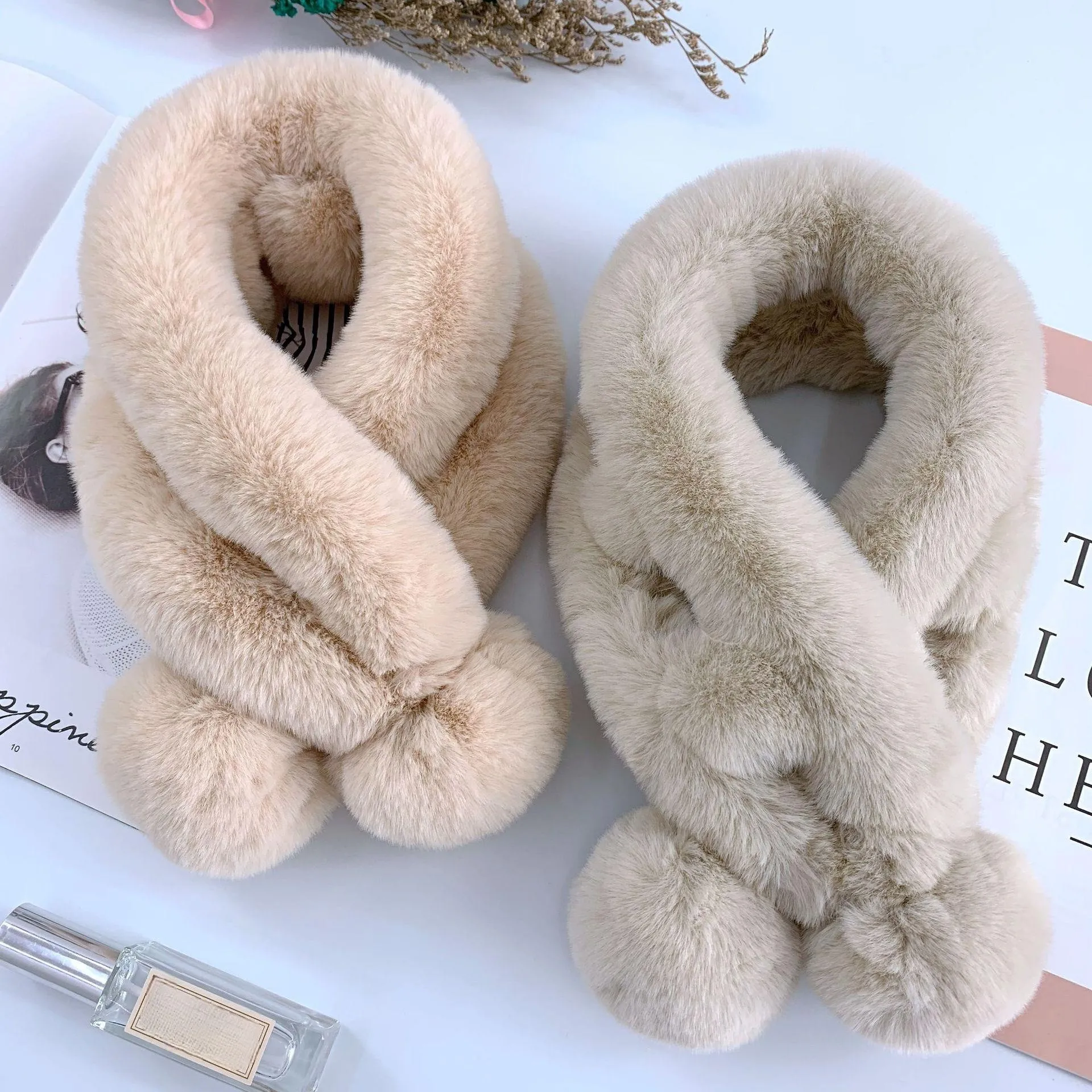 

Scarf Female Autumn And Winter New Fur Rabbit Fur Plush Thick Warm Scarf Solid Color Fur Ball Cross Student Children Soft