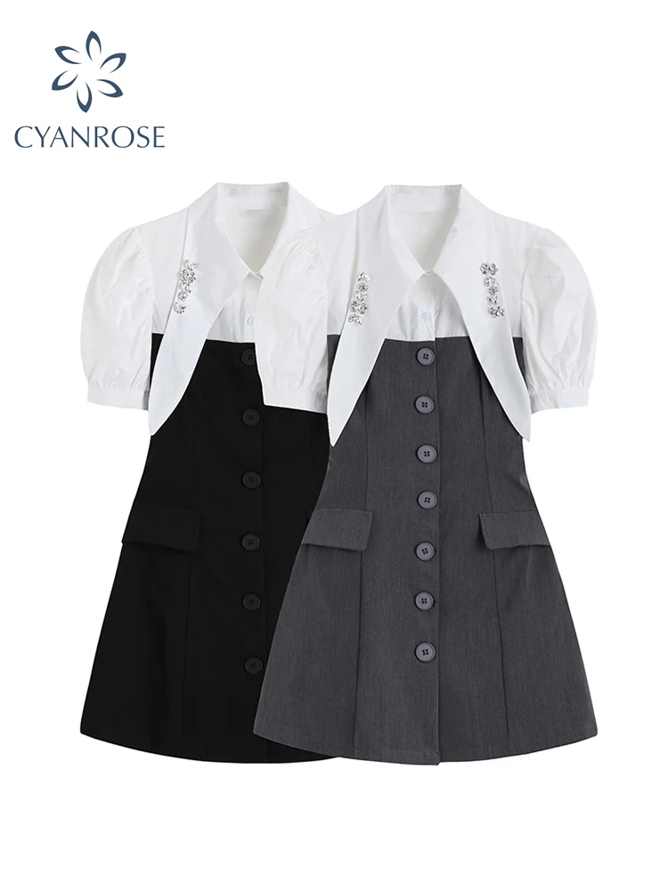 

Women Shirt Dress Korean Female Short Sleeve Single Breasted Patchwork Mini Dress Femme Vintage Elegant High Waist A-line Frocks