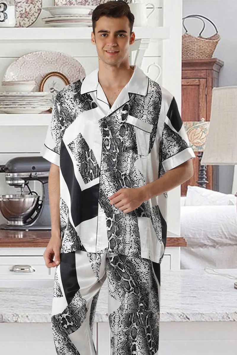 Men's Satin Pajamas Set Short Sleeve Snakeskin Print Satin Shirt and Long Pants Pajama Set Satin Pyjamas Men's Sleepwear