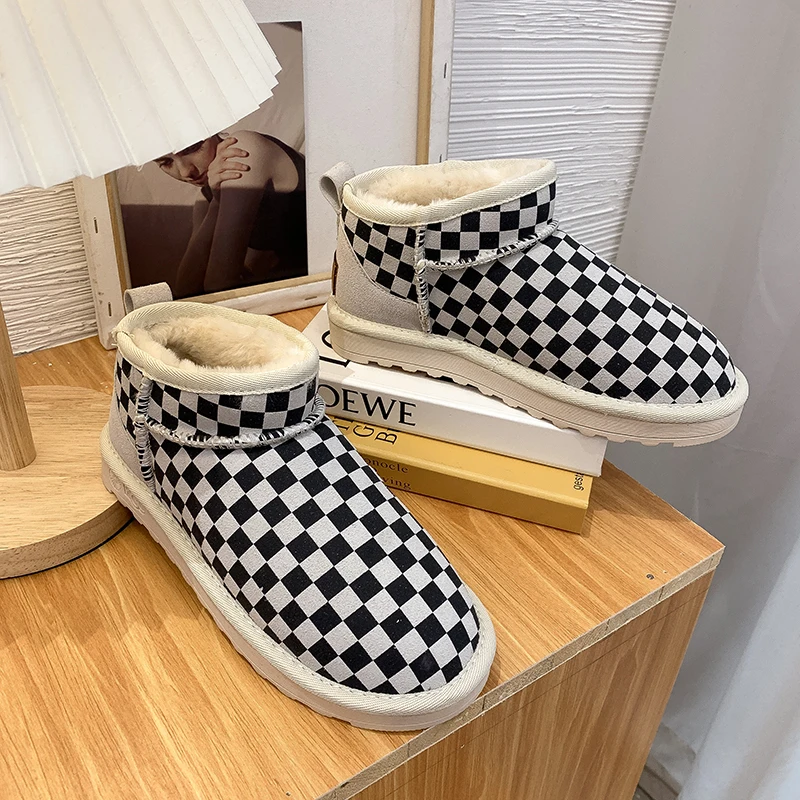 2022 Comfortable Flat Casual Platform Color Blocking Checkered Shoes Ankle Boots Plush Warm  Mujer Women Snow Boots Winter