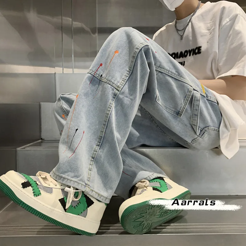 Blue Black Baggy Graffiti Jeans Men Fashion Casual Wide Leg Jeans Mens Streetwear Loose Hip Hop Straight Denim Pants Men M-2XL