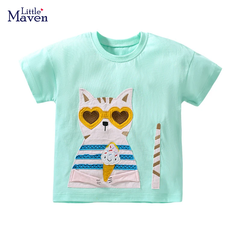 

Little maven 2023 Summer Girls T Shirts Animal Cats Appliques Baby Girls Tops Tees Shirts for Little Girls Shorts Sleeve Clothes