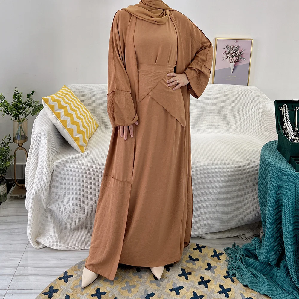 Muslim Long Short Sleeve Dress+Cardigan+Belt Three Set Fashion Islamic Dubai Turkish Modest Abaya Dresses For Women Ramadan