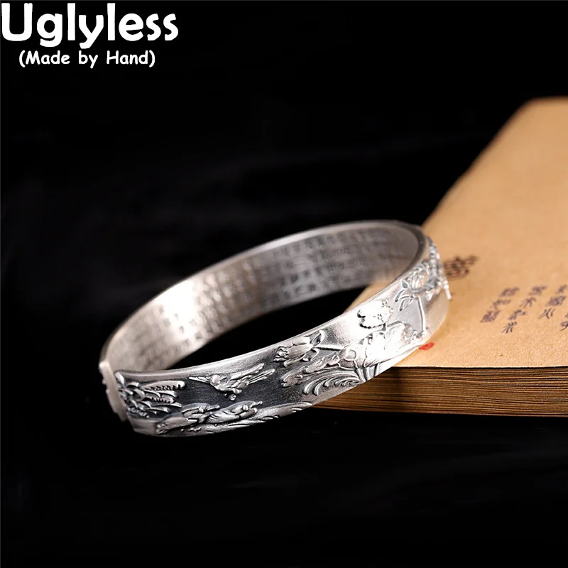 

Uglyless Buddhism Heart Sutra Wide Bangles for Women Lotus Pond Eastern Poetic Bangle Solid 999 Fine Silver Ethnic Dress Jewelry