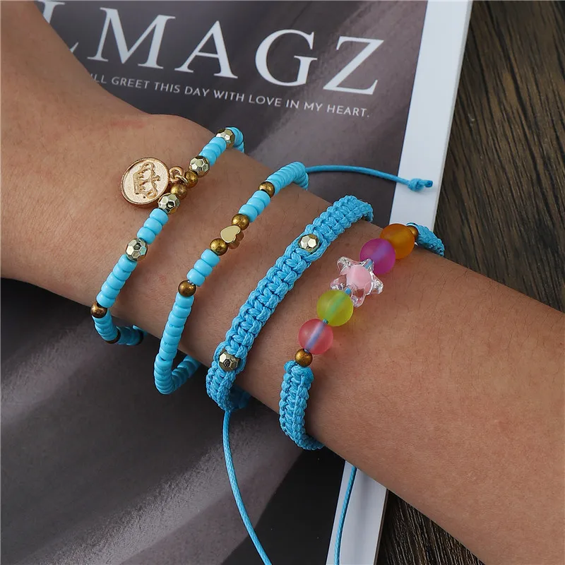 4pcs/lot Bohemian Blue Crown Pendant Star Frosted Beads woven  Bracelet Women Casual Jewelry Accessories Friendship Gift