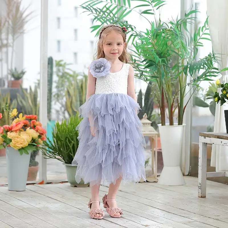 Новое летнее кружевное платье для девочек принцессы с цветами в несколько рядов