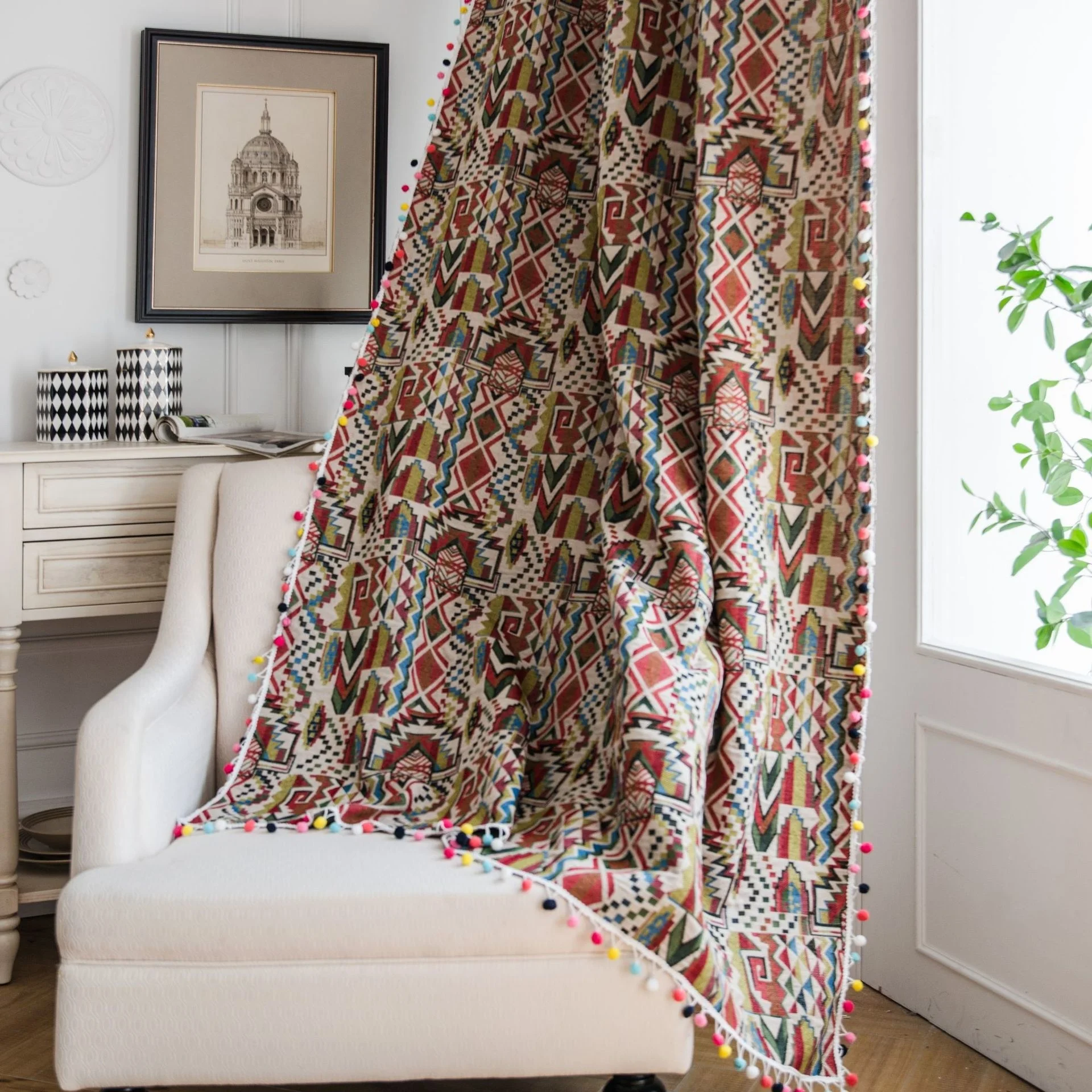 

Boho Curtain Cotton Linen Printed Decorative Curtains With Tassel For Bedroom Living Room Home Decoration
