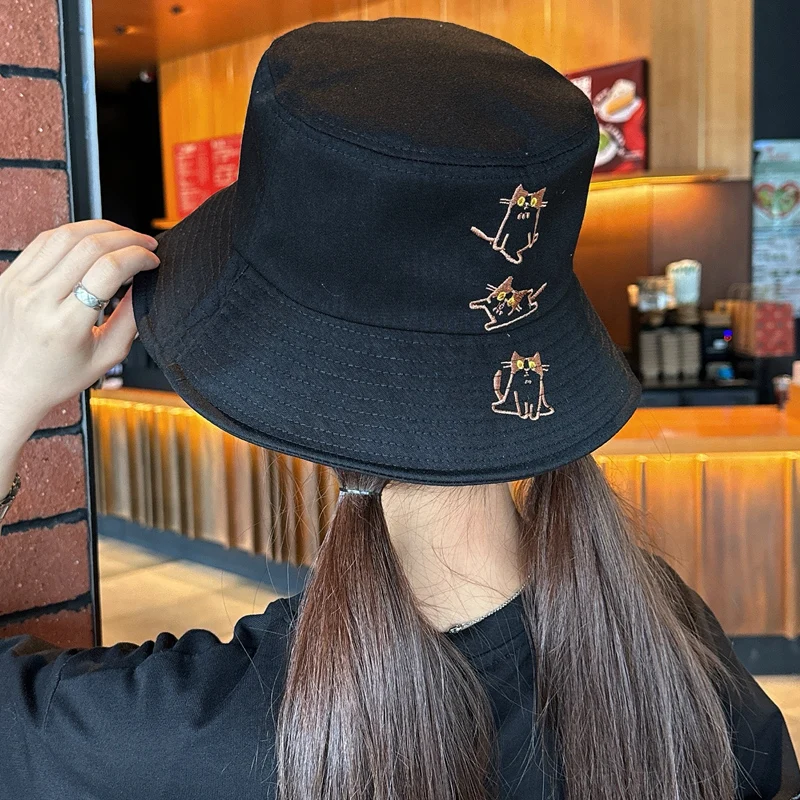 Шляпа рыбака с вышивкой кошки Женская Весенняя Корейская универсальная японская