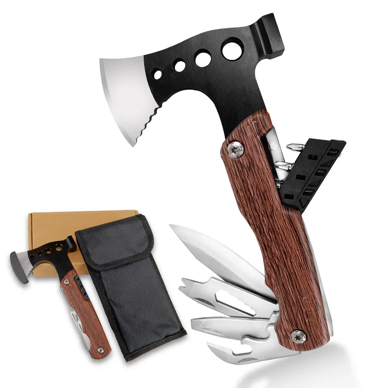 Portable Multifunctional Axe Camping Survival Axe Outdoor Stainless Steel Camping Axe Wood Grain Foldable Hammer PliersTool