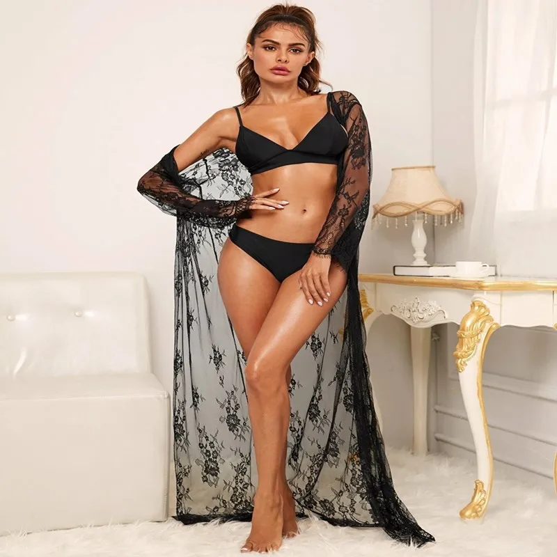 Women Lingerie Robe Long Lace Long Bathrobes Nightgown Soft Sheer See Though Dressing Gown Kimono Sexy Ladies Sleepwear