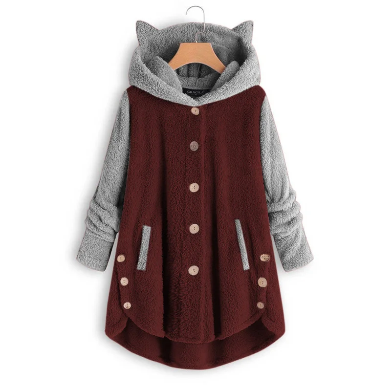 

Fashion Cute Cat Women Hoodies Sweatshirts Winter Warm Hooded Tops Loose Soft Patchwork Coat Lady Pajamas Harajuku