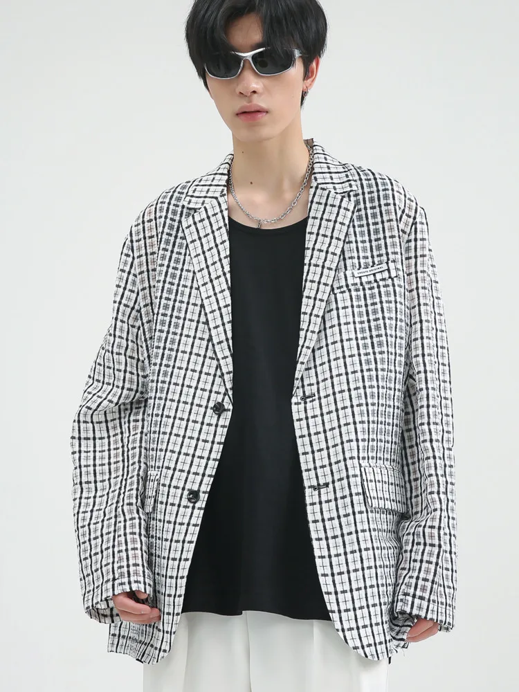 

SYUHGFA Men Clothing Koean Casual Thin Plaid Suit Coat For Male 2022 Spring Autumn Loose Simple Long Sleeve Blazers For Male