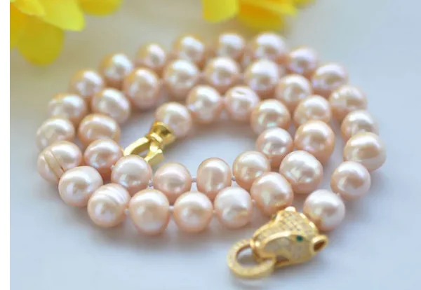 

longer 45-60CM Natural breeding freshwater white pink pearl necklace 9-10MM leopard head clasp inlay zircon tassel long chain