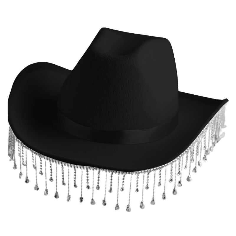 

Y1QB Sunproof Rhinestone Tassel Fedora Hat Cowboy Hat with Roll Brim Western Jazz Hat