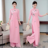 slim vietnam aodai long sleeve dress women traditional flower printing elegant pink qipao toppants sets asian chiffon dress