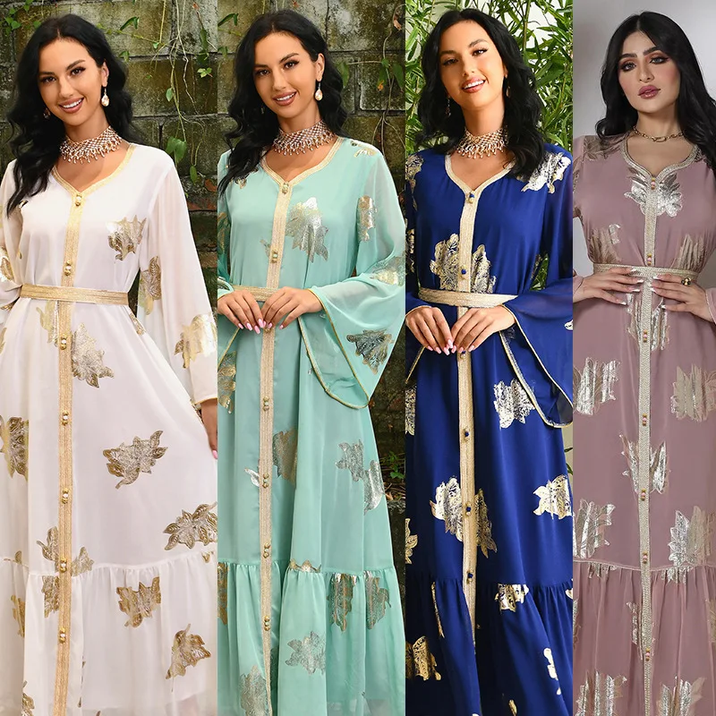 Party Dresses Abayas For Women Dubai 2023 Printed Long Sleeve V-Neck Button Tape Trim Belted Kaftan Split Hem Clothes For Women