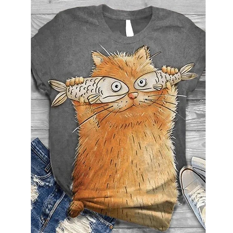 

Женская летняя повседневная футболка с круглым вырезом, модная свободная футболка с принтом кота, топы HMY075