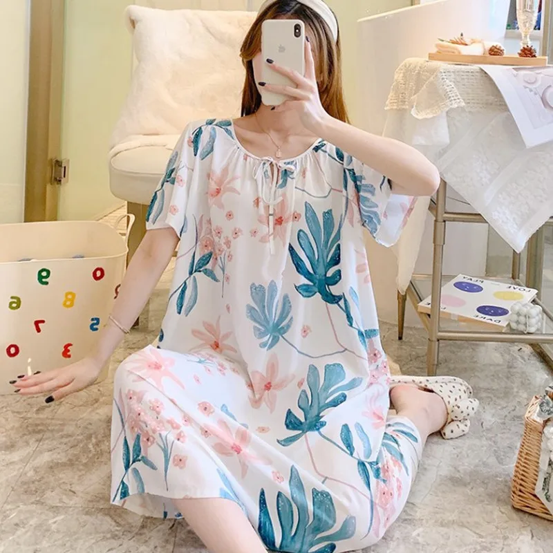 Ladies Pajamas Nightgown Cotton Silk Summer Style Sleep Dresses Women Student Sweet Nightdress