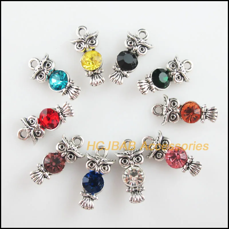 

Fashion 10Pcs Tibetan Silver Plated Animal Owl Mixed Crystal Charms Pendants 10.5x22mm