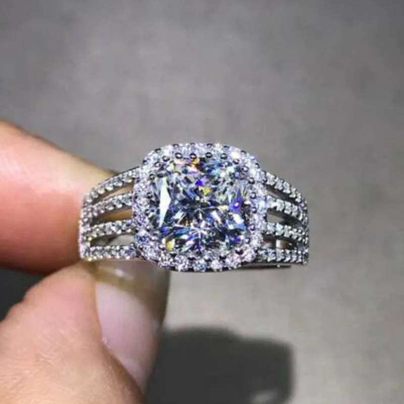 

Square Luxury Ring Band With Full 3A CZ Stone Paved Silver Color Available Fashion Wedding Engagement Love Promise Ring Hot