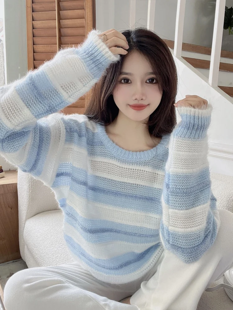 

Striped Knitted Shirt 2023 Early Autumn Top New Long Sleeve Loose Slim Soft Lazy Sweater Women's Spring and Autumn