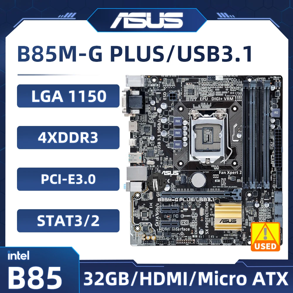 Материнская плата LGA 1150 ASUS B85M-G PLUS USB3.1 Intel B85 DDR3 32 Гб PCI-E 3,0 4 ×SATA III Micro ATX, поддержка Core i3-4150 cpu