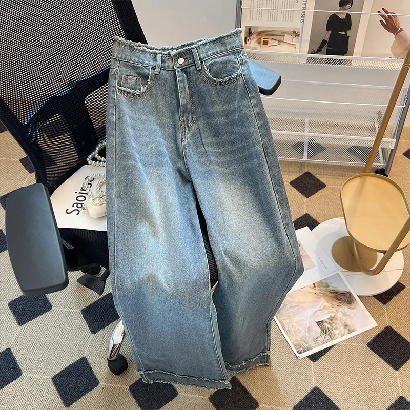 

Women's Blue Raw Edge Loose Casual Straight Jeans Summer New Street Chic Fashion Trousers Female High Waist Denim Pants