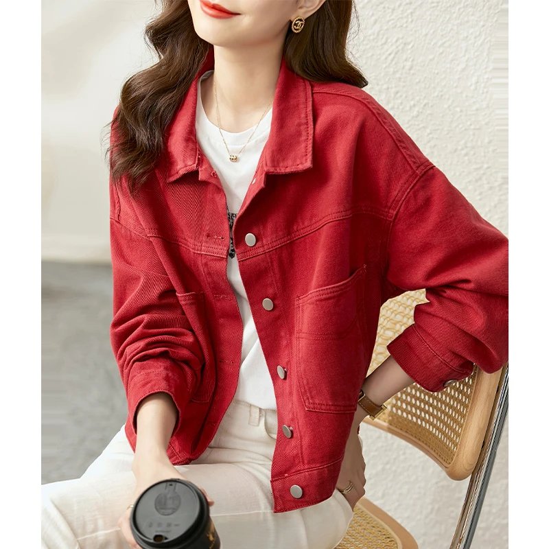 Vimly Jeans Jacket for Women 2022 Autumn New 100% Cotton Soft Commuter All-match Fashion Petite Loose Solid Clothing Coats 70560