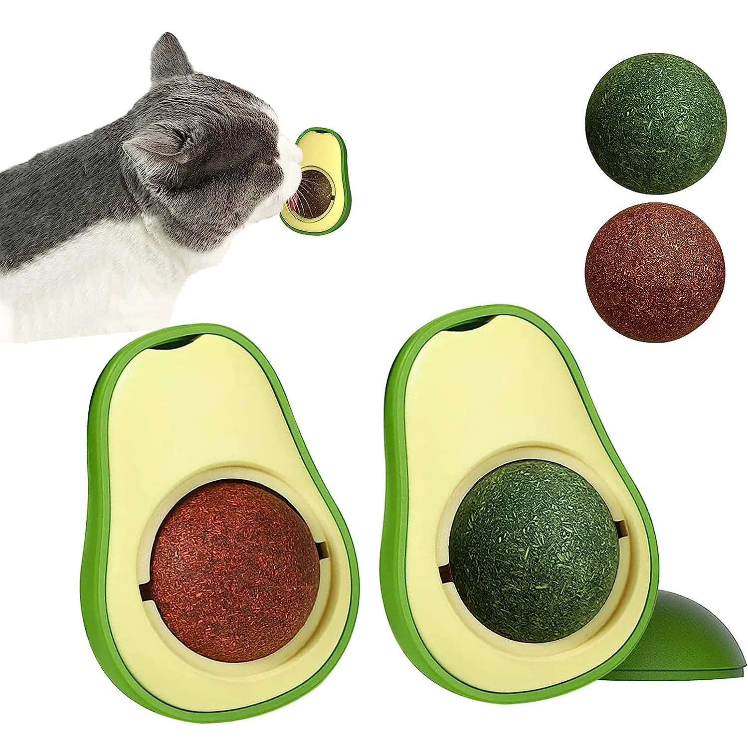 

2PCS Avocado Catnips Wall Ball Rotatable Pet Toy Ball Natural Mint Balls Healthy Edible Licking Balls Snack For Kittens Cat Toys