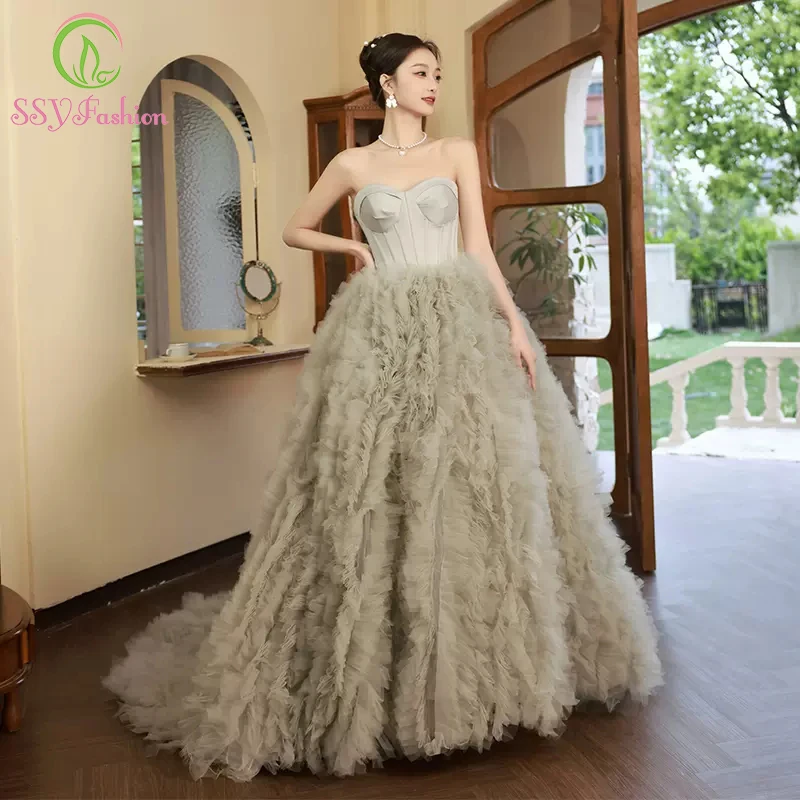 

SSYFashion New Luxury Banquet Prom Dress for Women Strapless A-line Sweep Train Long Evening Party Gowns Vestido De Festa