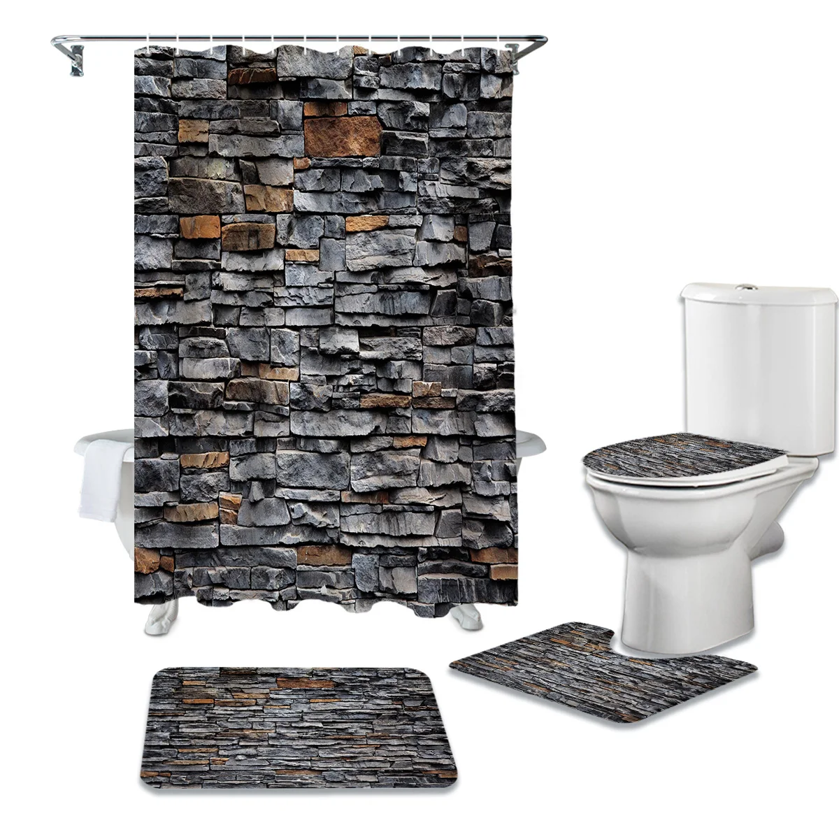 

Черная душевая занавеска с принтом в стиле ретро, ковер с каменной стеной, крышка для туалета, коврик для ванной комнаты, бытовой набор