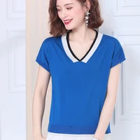 camisetas de mujer hit color knitted v neck t shirt women summer tops 2022 patchwork tshirt short sleeve tee shirt woman clothes