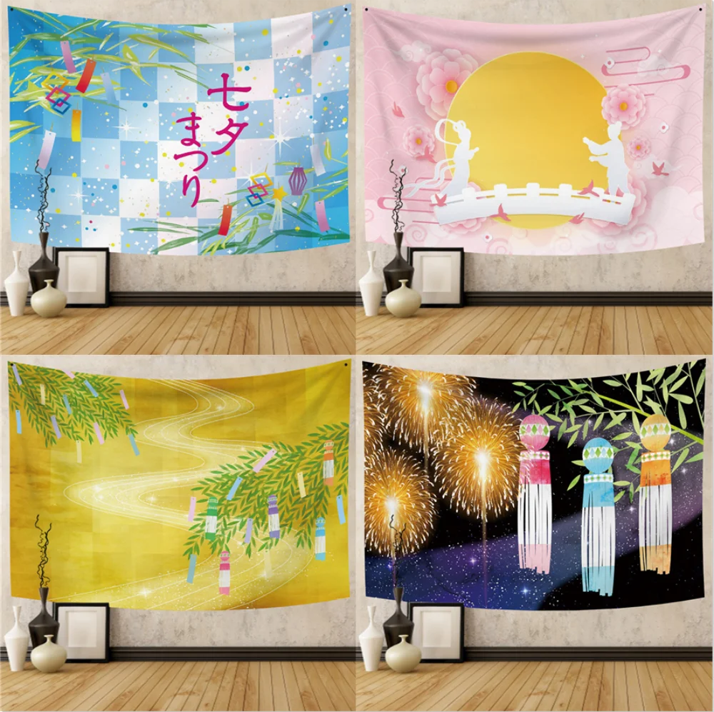 

Japan Qixi Festival Tapestry Short Book Pray Green Bamboo Printed Wall Hanging Cloth Home Wall Background Decor Polyester Fabric