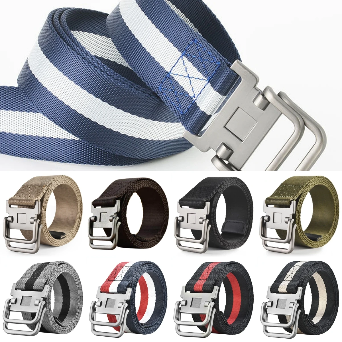 

New Double Ring Buckle Canvas Belts Men Military Training Belts Fashion Outdoor Metal Buckle Waistband Adjustable Length
