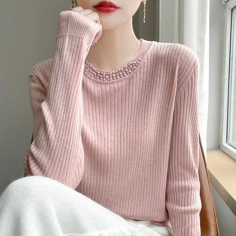 Женский однотонный пуловер в полоску шерстяной свитер с круглым вырезом и