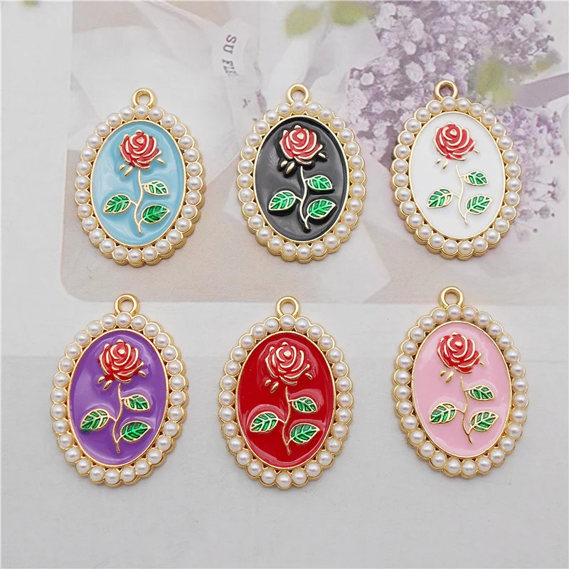 

Julie Wang 6PCS Enamel Rose Flower Charms With Fake Pearl Oval Shape Alloy Pendant Bracelet Earrings Jewelry Making Accessory