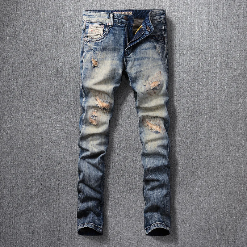 Fashion Designer Men Jeans Retro Washed Blue Slim Fit Ripped Jeans Men Embroidery Patched Trousers Vintage Denim Pants Hombre