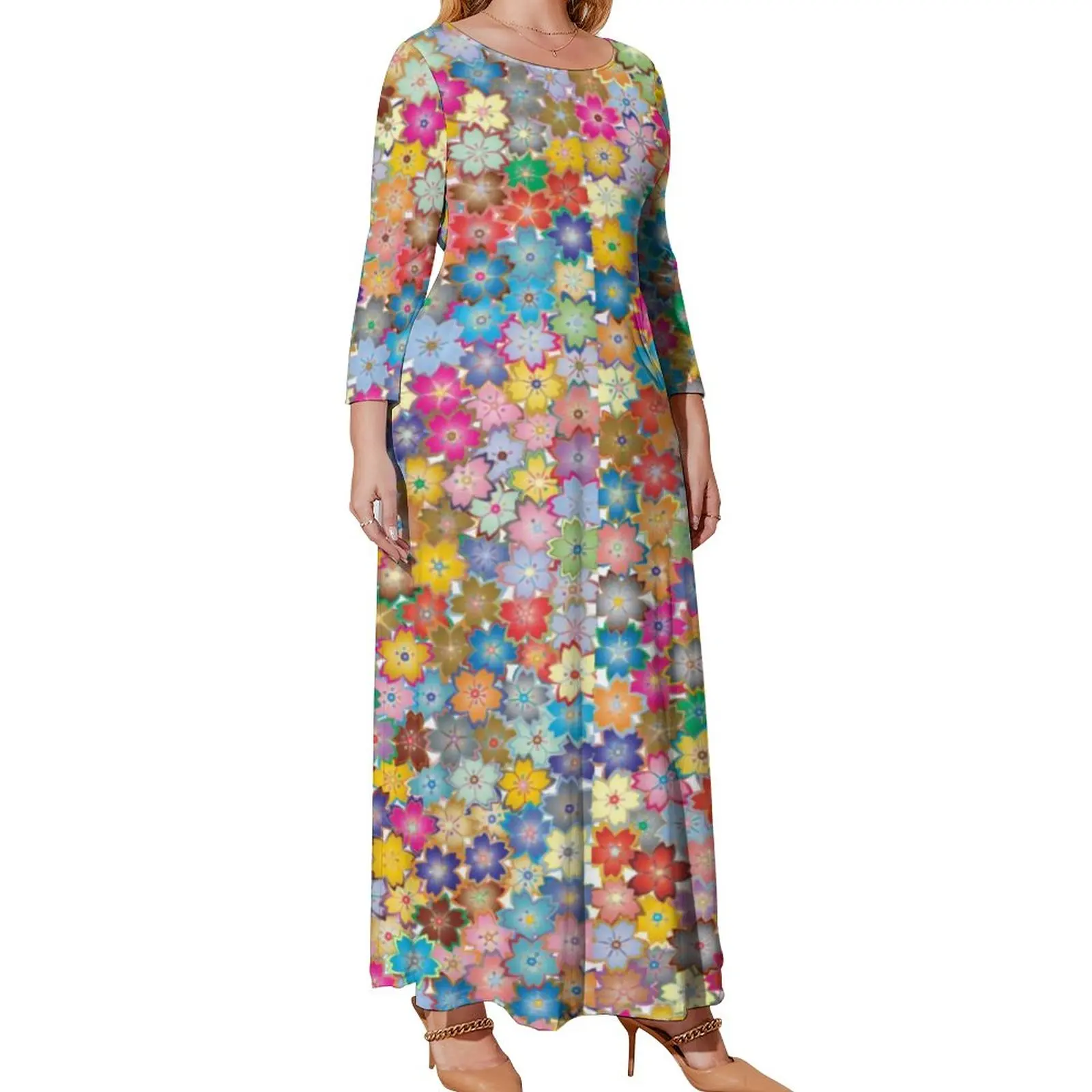 

Bright Flowers Dress Cute Floral Print Boho Beach Dresses Long Sleeve Street Style Long Maxi Dress Kawaii Clothes Plus Size 5XL