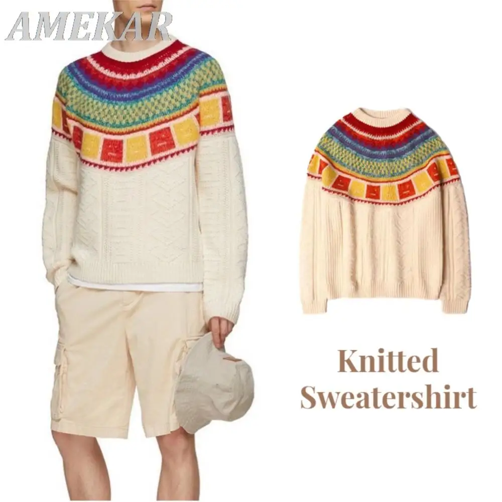 

High-quality Men Women New Brand Design Sweaters Rainbow Crocheted Turtleneck Casual Patchwork Sweater Wool Knitted Sweatershirt