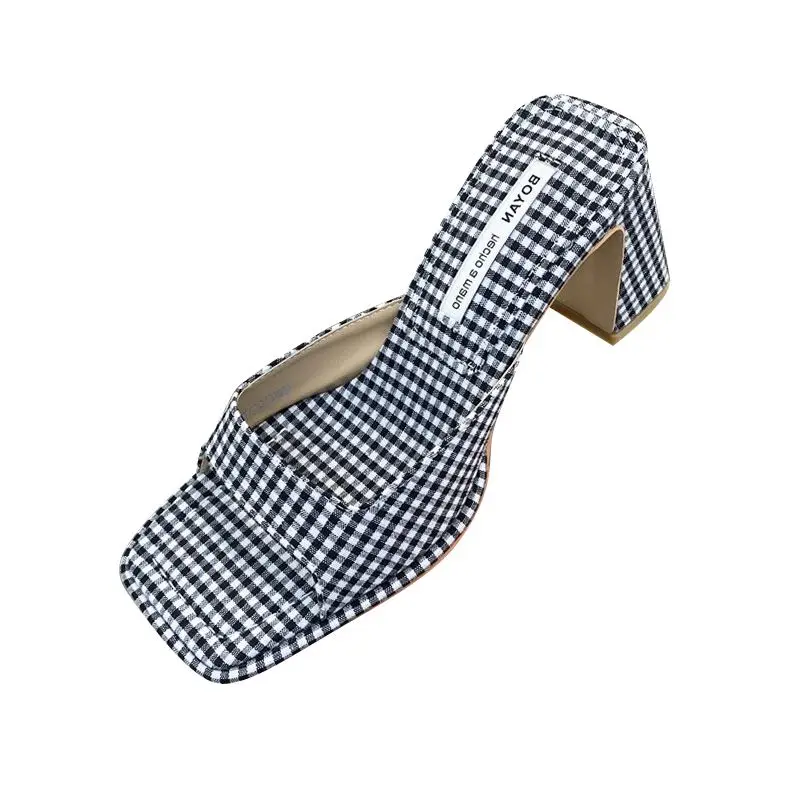 Square Toe 2023 Women Slippers New Summer Plaid Ladies Fashion Thick High Heels Female Pumps Elegant Shoes Slides Dress Design