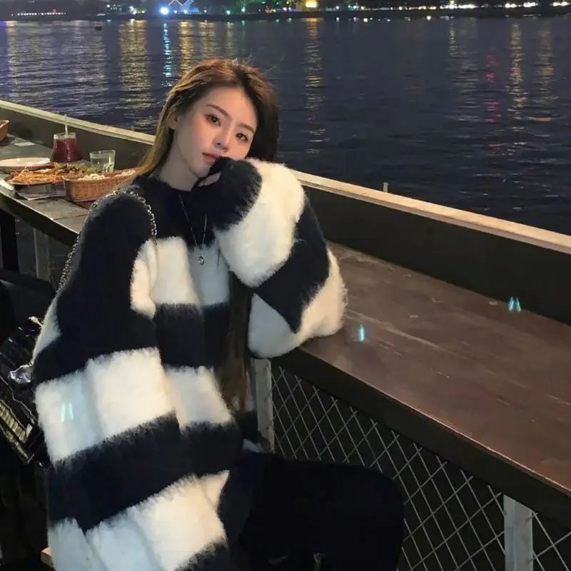 

2022 Korean Version Autumn And Winter Dark Loose Woolen Long Sleeve Striped Sweater For Women Free Shipping