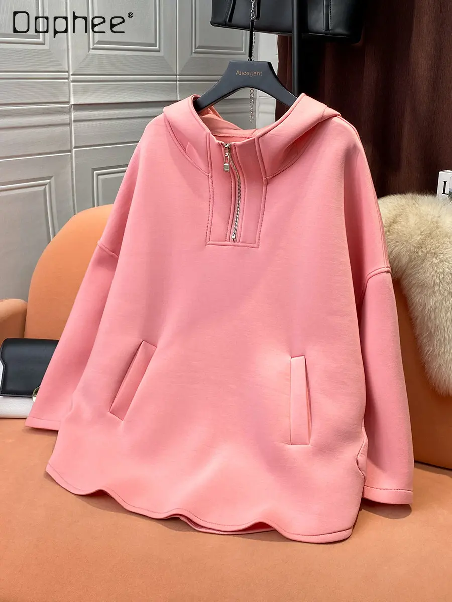 Gray Cape Sweater for Women Spring and Autumn New Thin Loose Mid-Length Half Zipper Hooded Top for Ladies Solid Color Sweater