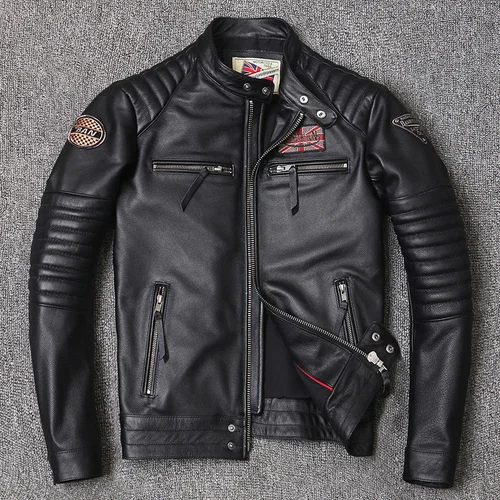 

Genuine Leather Jacket Mens 100% New Cowhide Motorcycle Leather Coats Short Stand Collar Biker Jacket Embroidered Tide FCY695